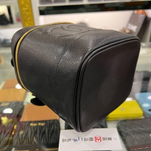 東區正精品㊣CHANEL 香奈兒黑色荔枝皮金釦拉鍊手提包化妝箱包 Vintage RZ6261-8