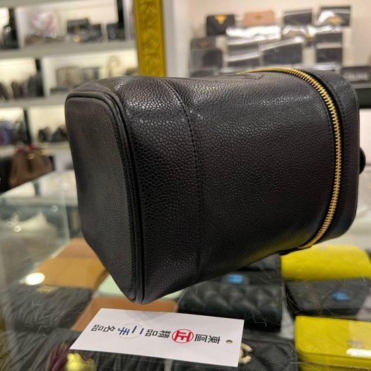 東區正精品㊣CHANEL 香奈兒黑色荔枝皮金釦拉鍊手提包化妝箱包 Vintage RZ6261-9