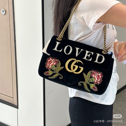 GUCCI 絲絨刺繡黑金 marmont鏈條包26 26*15 98新配件塵袋