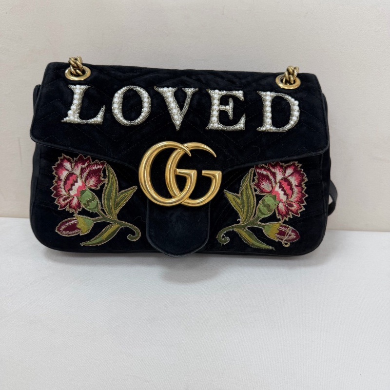 GUCCI 絲絨刺繡黑金 marmont鏈條包26 26*15 98新配件塵袋-1