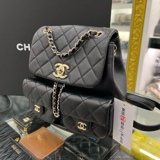 東區正精品㊣CHANEL DUMA 24A AS3860 近全新黑色荔枝牛皮金鍊雙肩雙口袋後背包青蛙包大款 RZ6000-1