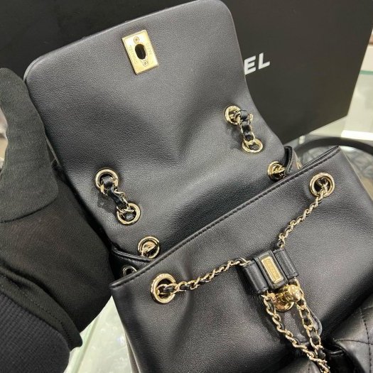 東區正精品㊣CHANEL DUMA 24A AS3860 近全新黑色荔枝牛皮金鍊雙肩雙口袋後背包青蛙包大款 RZ6000-3
