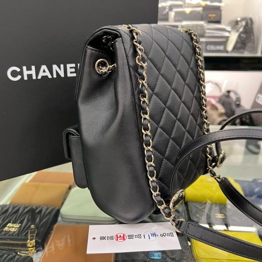 東區正精品㊣CHANEL DUMA 24A AS3860 近全新黑色荔枝牛皮金鍊雙肩雙口袋後背包青蛙包大款 RZ6000-6