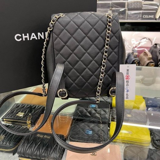 東區正精品㊣CHANEL DUMA 24A AS3860 近全新黑色荔枝牛皮金鍊雙肩雙口袋後背包青蛙包大款 RZ6000-7