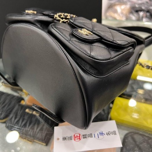 東區正精品㊣CHANEL DUMA 24A AS3860 近全新黑色荔枝牛皮金鍊雙肩雙口袋後背包青蛙包大款 RZ6000-9
