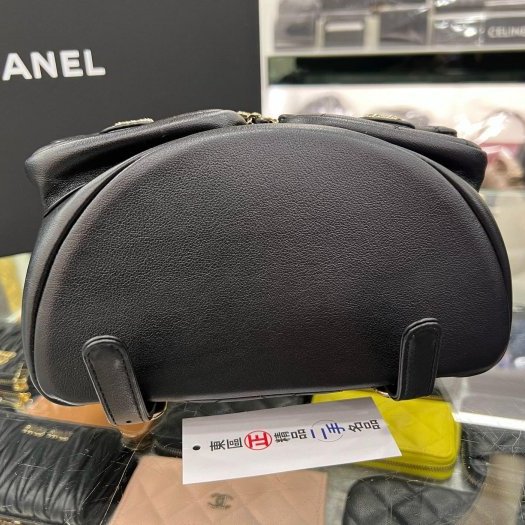 東區正精品㊣CHANEL DUMA 24A AS3860 近全新黑色荔枝牛皮金鍊雙肩雙口袋後背包青蛙包大款 RZ6000-13