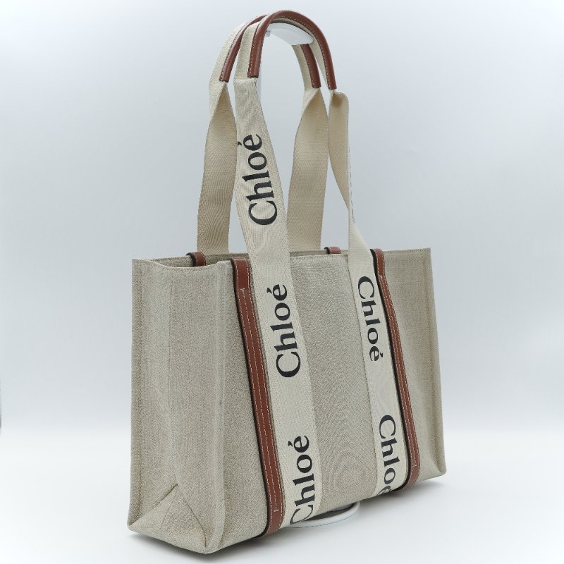 Chloé 蔻伊 Woody 中號 米色亞麻 帆布 托特包-1