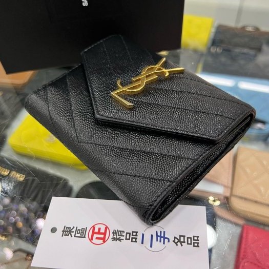 東區正精品㊣YSL SAINT LAURENT 403943 黑色V紋釦式拉鍊零錢袋三折中短夾 RZ5684-7