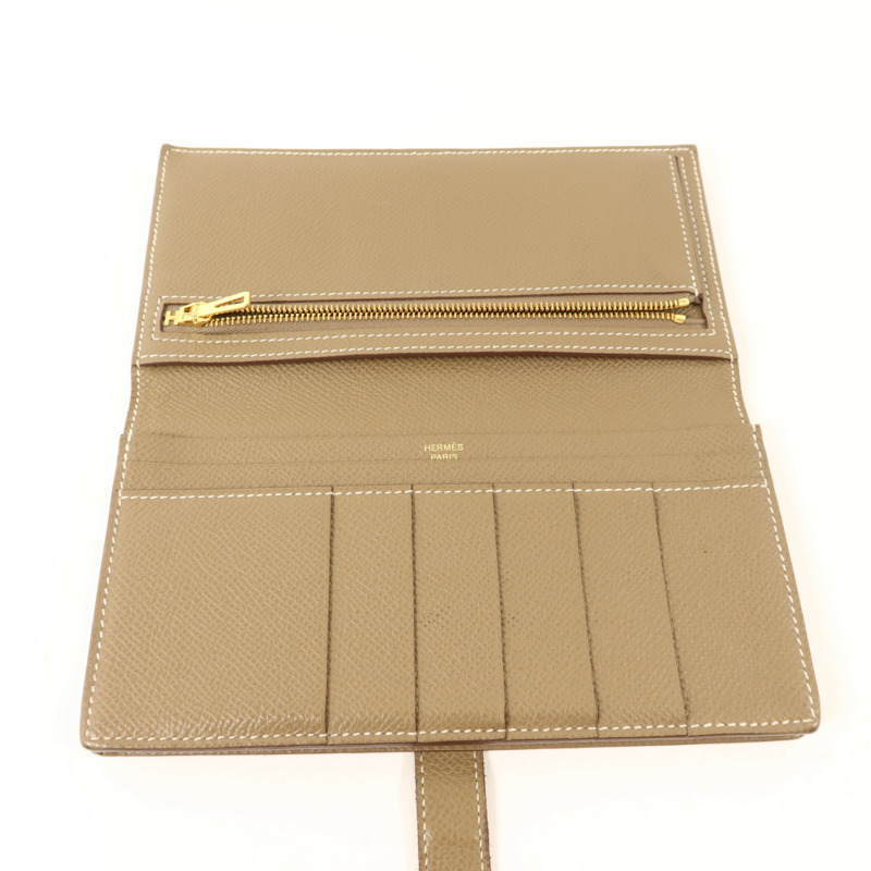 HERMES Epsom皮革Bearn Soufflet Wallet金扣長錢包Etoupe-4
