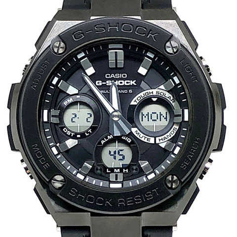 卡西歐 G-SHOCK GST-W110MS-1A G-STEEL 手錶，具備電波太陽能、Tough Multi-Band 6 六局電波接收、金屬錶圈、樹脂錶帶、多層防護結構、雙 LED 照明、指針/數位雙顯，黑色錶盤。 2025 年 6 月發售。可在 Mikunigaoka 商店購買。