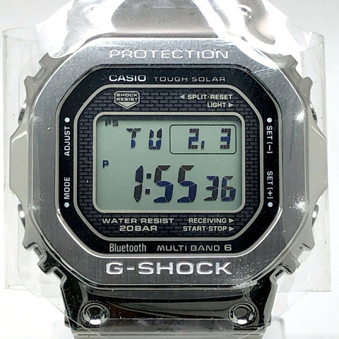 卡西歐 G-SHOCK GMW-B5000D-1 手錶，全金屬銀色，電波太陽能，藍牙，手機連接，LED 背光，旋入式後蓋，2018 年 4 月發售，Mikunigaoka 商店