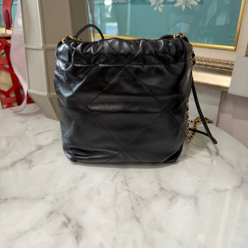 Chanel 黑牛皮菱格紋Mini22珍珠鏈金釦手提肩斜背包AS3980-1