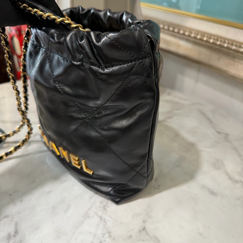 Chanel 黑牛皮菱格紋Mini22珍珠鏈金釦手提肩斜背包AS3980-2