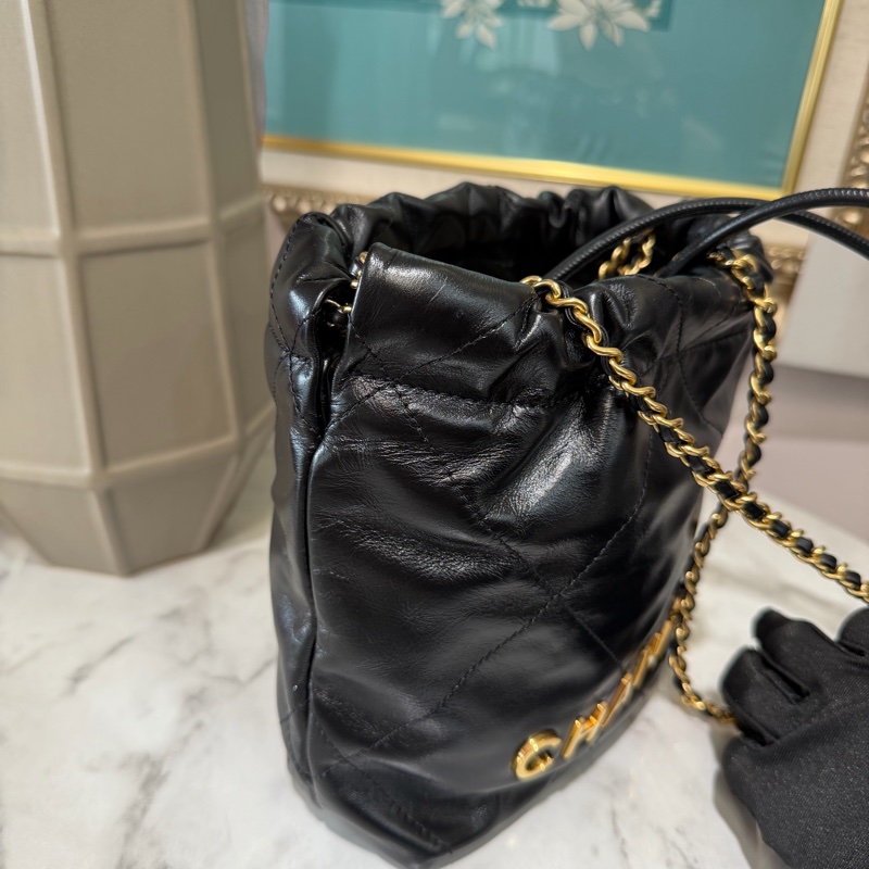 Chanel 黑牛皮菱格紋Mini22珍珠鏈金釦手提肩斜背包AS3980-3