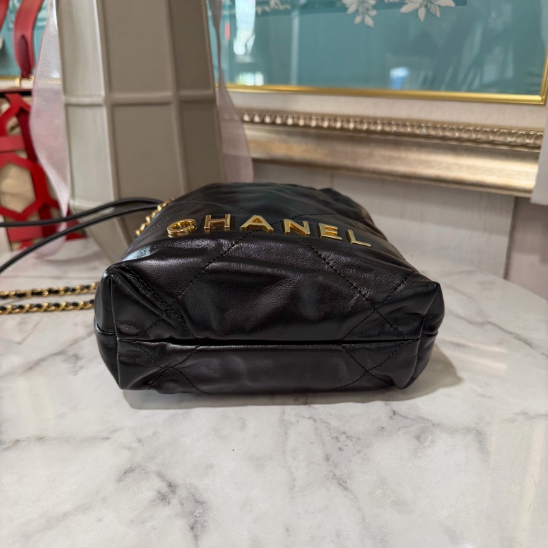 Chanel 黑牛皮菱格紋Mini22珍珠鏈金釦手提肩斜背包AS3980-4