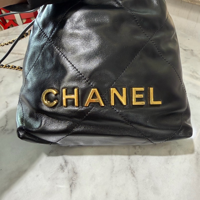 Chanel 黑牛皮菱格紋Mini22珍珠鏈金釦手提肩斜背包AS3980-5