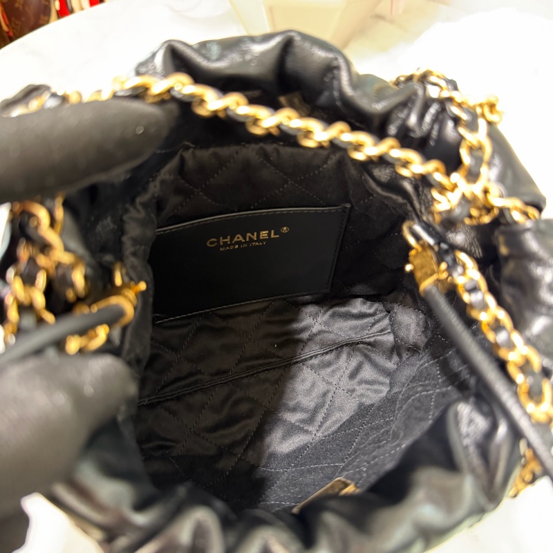 Chanel 黑牛皮菱格紋Mini22珍珠鏈金釦手提肩斜背包AS3980-6