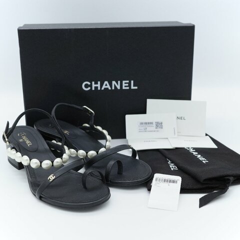Chanel 香奈兒 經典珍珠裝飾 羊皮 低跟涼鞋
