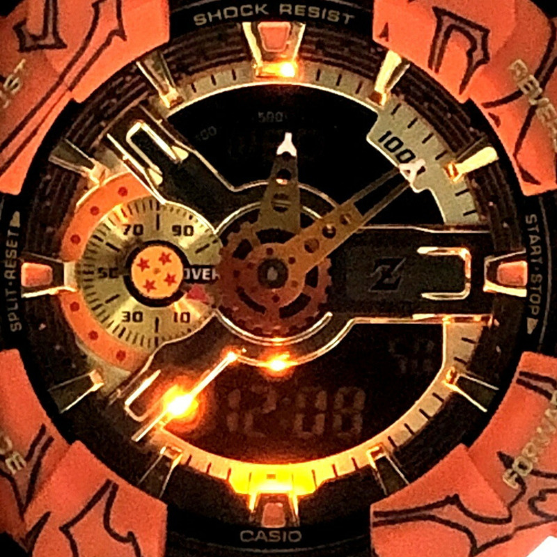 卡西歐 G-SHOCK GA-110JDB-1A4 龍珠Z聯名款腕錶,附LED背光,橘色指針/數位雙顯,錶盤印有孫悟空和四星球圖案,2020年8月在三國丘店發售-8