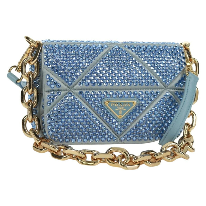 【日本直送】PRADA 鏈條水晶裝飾緞面兩用包 淺藍色 金色 正品 168971SAM-0