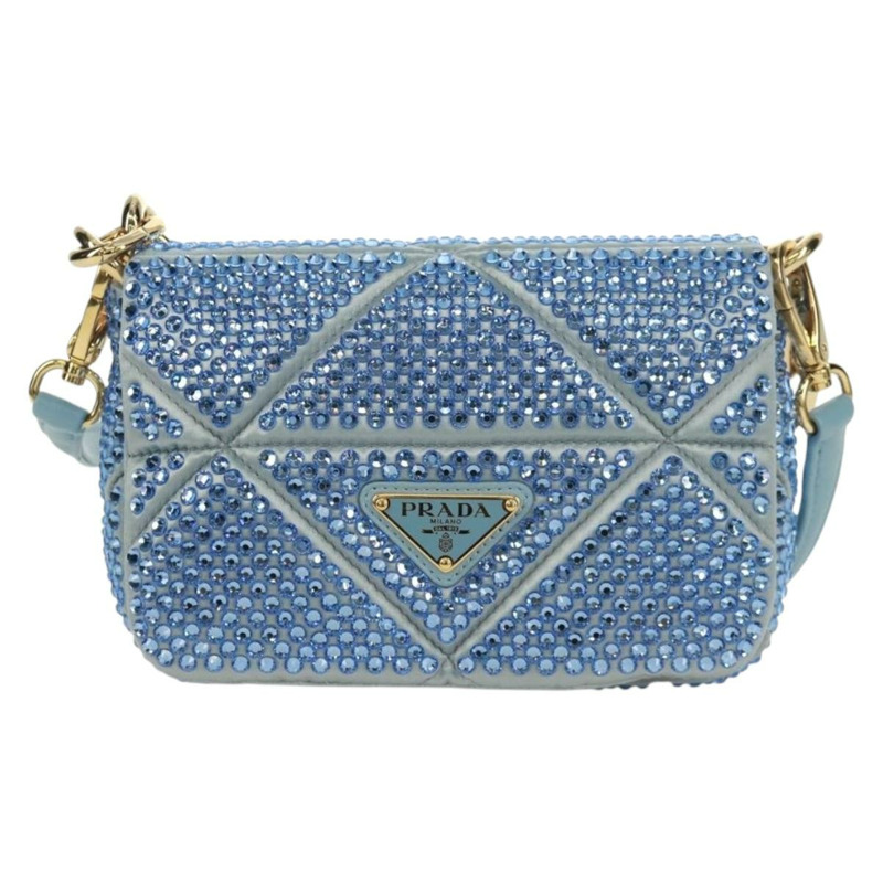 【日本直送】PRADA 鏈條水晶裝飾緞面兩用包 淺藍色 金色 正品 168971SAM-1