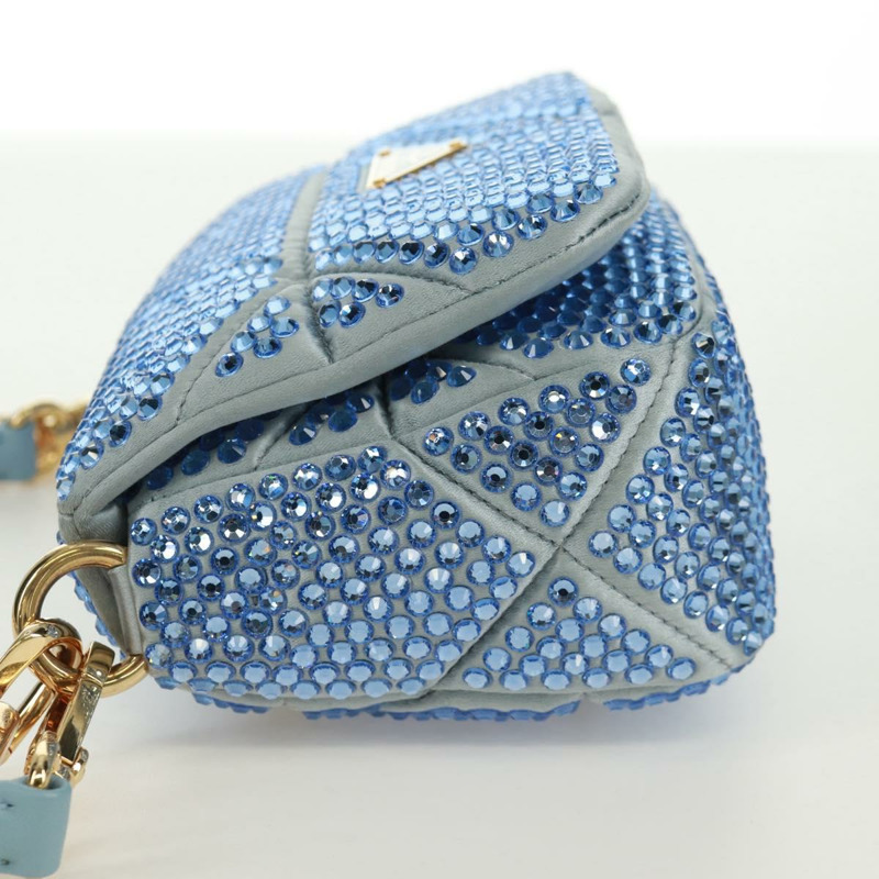 【日本直送】PRADA 鏈條水晶裝飾緞面兩用包 淺藍色 金色 正品 168971SAM-3