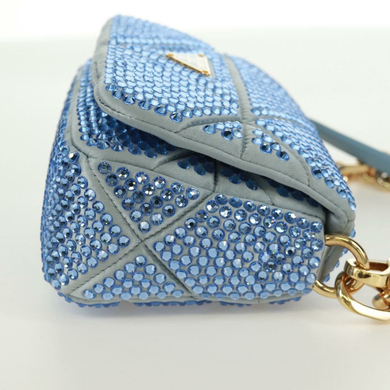 【日本直送】PRADA 鏈條水晶裝飾緞面兩用包 淺藍色 金色 正品 168971SAM-4