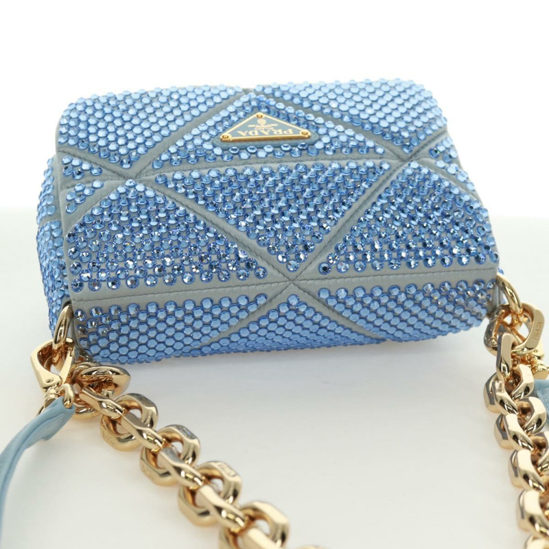 【日本直送】PRADA 鏈條水晶裝飾緞面兩用包 淺藍色 金色 正品 168971SAM-5