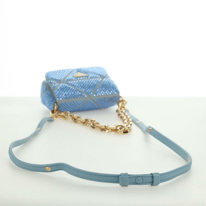 【日本直送】PRADA 鏈條水晶裝飾緞面兩用包 淺藍色 金色 正品 168971SAM-9