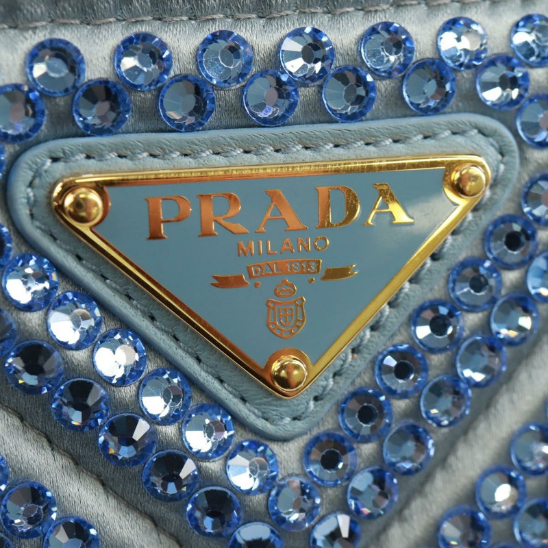 【日本直送】PRADA 鏈條水晶裝飾緞面兩用包 淺藍色 金色 正品 168971SAM-16
