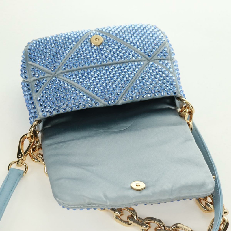 【日本直送】PRADA 鏈條水晶裝飾緞面兩用包 淺藍色 金色 正品 168971SAM-17