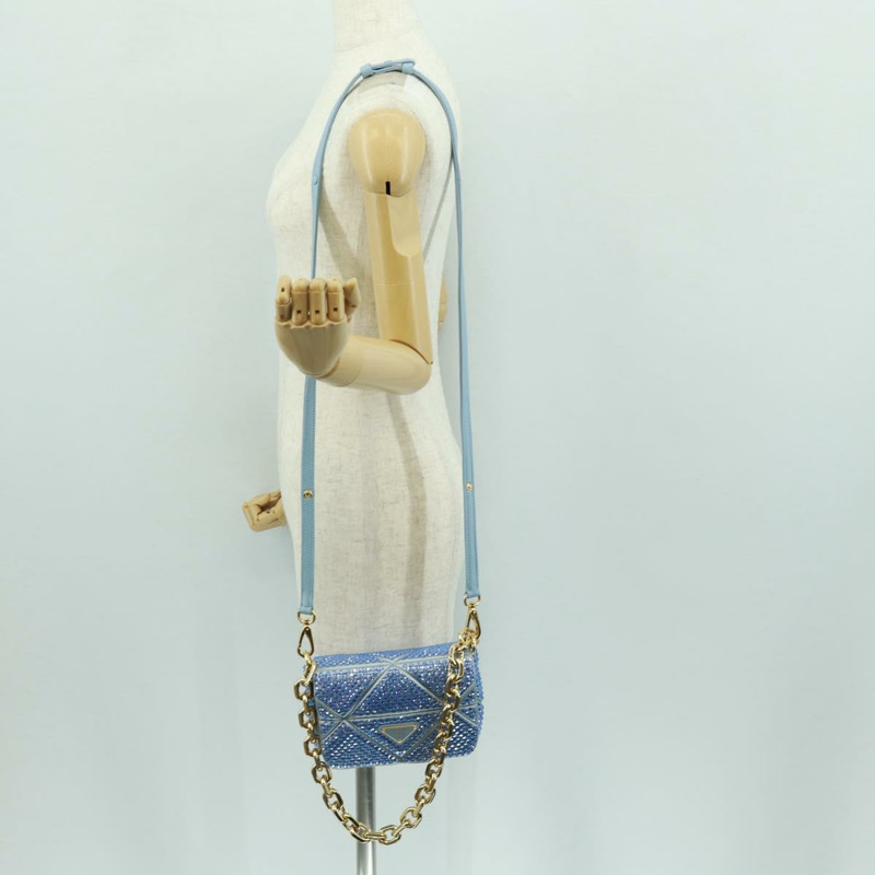 【日本直送】PRADA 鏈條水晶裝飾緞面兩用包 淺藍色 金色 正品 168971SAM-24