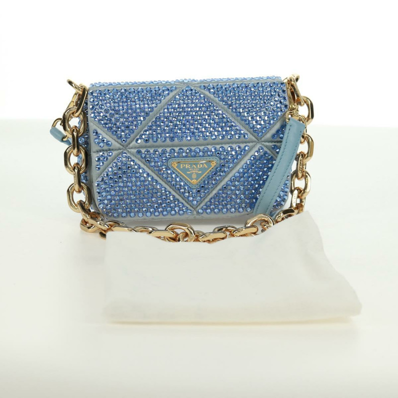 【日本直送】PRADA 鏈條水晶裝飾緞面兩用包 淺藍色 金色 正品 168971SAM-25