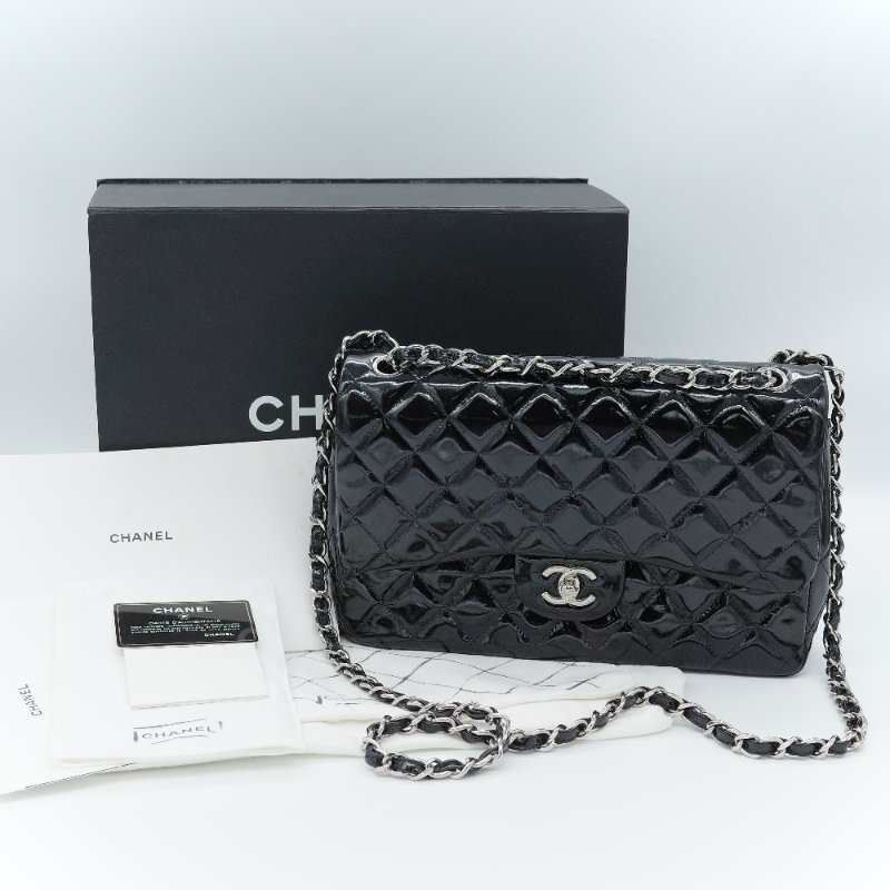Chanel 香奈兒 Jumbo Coco 經典菱格紋 黑色 漆皮 銀釦 雙蓋包 肩背包-1