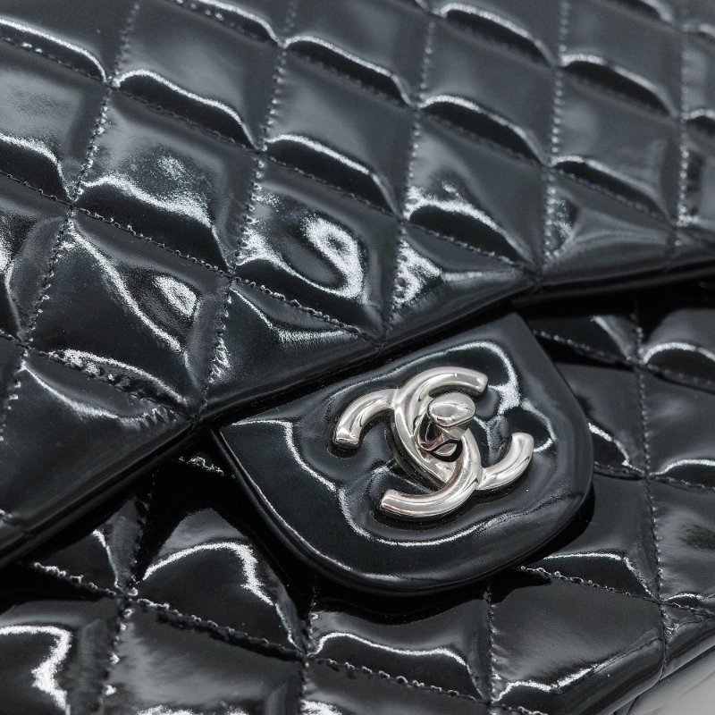 Chanel 香奈兒 Jumbo Coco 經典菱格紋 黑色 漆皮 銀釦 雙蓋包 肩背包-11