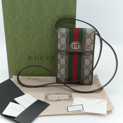 Gucci 古馳 Ophidia GG 經典棕色 帆布 直式翻蓋手機包