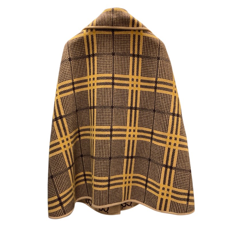 GUCCI 古馳 雙面穿斗篷 披肩 外套 羊毛 棕色 格紋/老花-1
