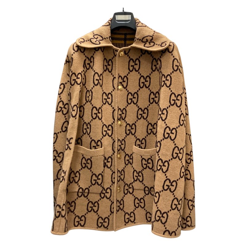 GUCCI 古馳 雙面穿斗篷 披肩 外套 羊毛 棕色 格紋/老花-3