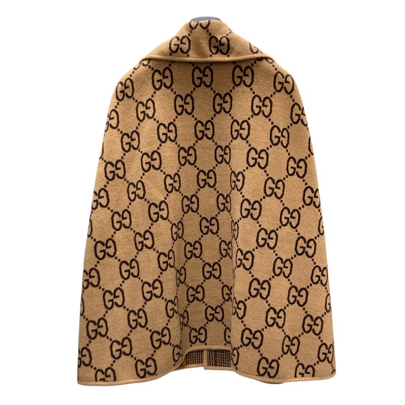 GUCCI 古馳 雙面穿斗篷 披肩 外套 羊毛 棕色 格紋/老花-4