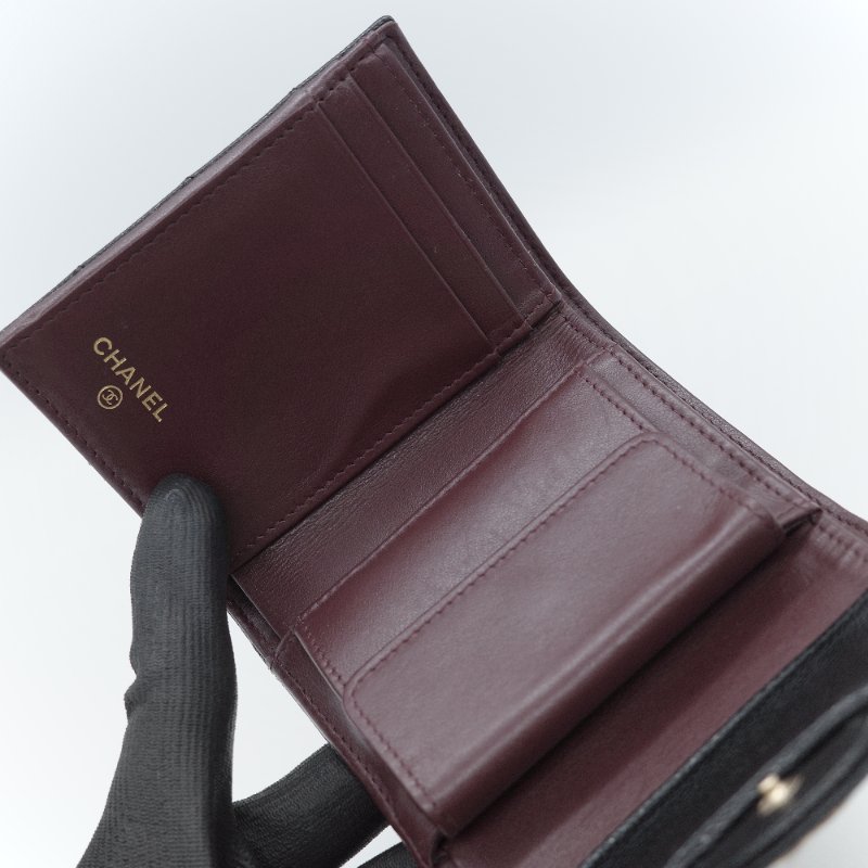 Chanel 香奈兒 經典翻蓋 黑色荔枝紋小牛皮 金扣短夾皮夾-9