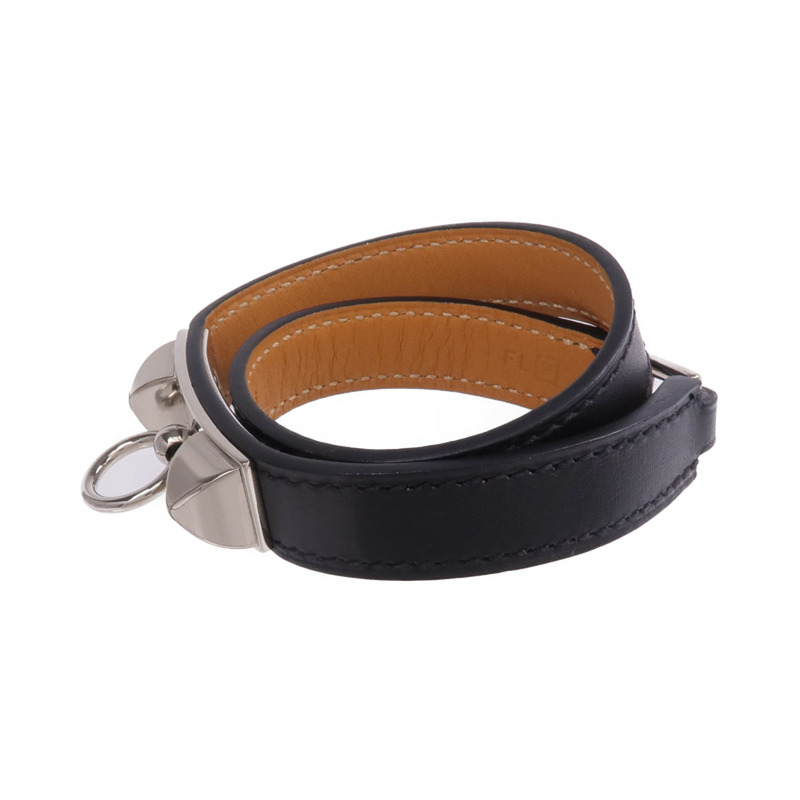 HERMES Chamonix皮革Rivale Double Tour Bracelet銀扣手帶Noir-1