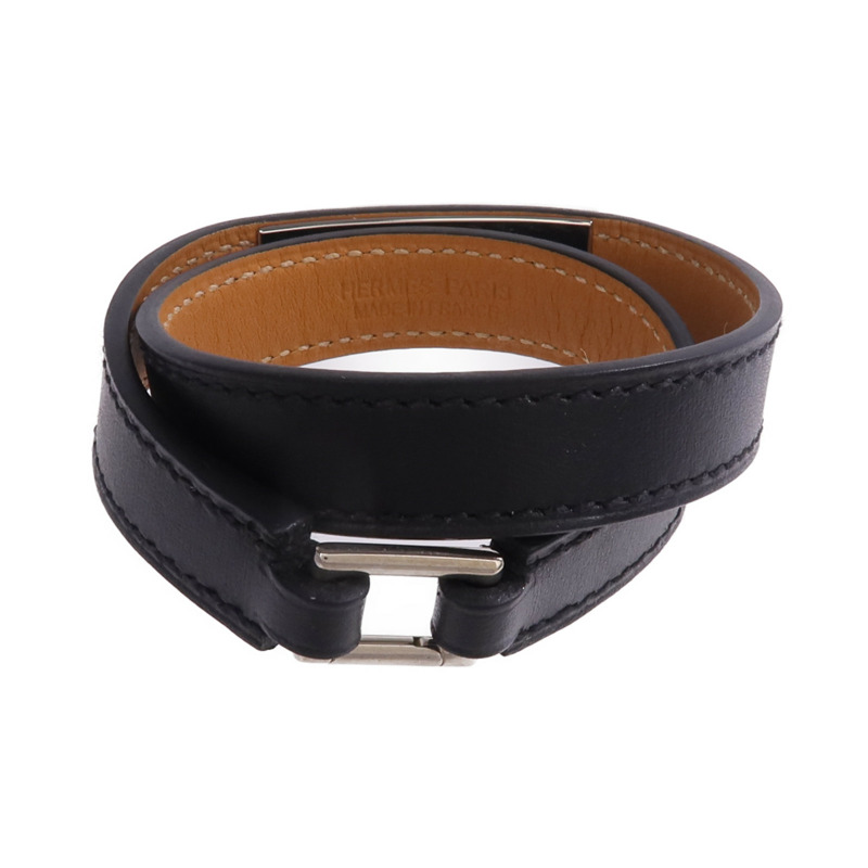 HERMES Chamonix皮革Rivale Double Tour Bracelet銀扣手帶Noir-2