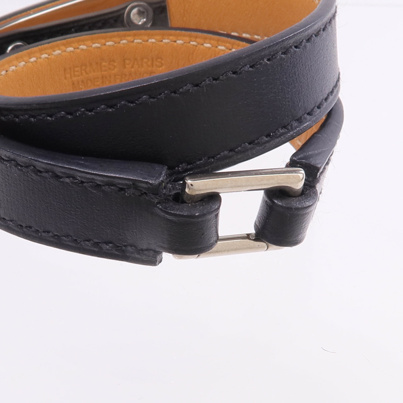 HERMES Chamonix皮革Rivale Double Tour Bracelet銀扣手帶Noir-4
