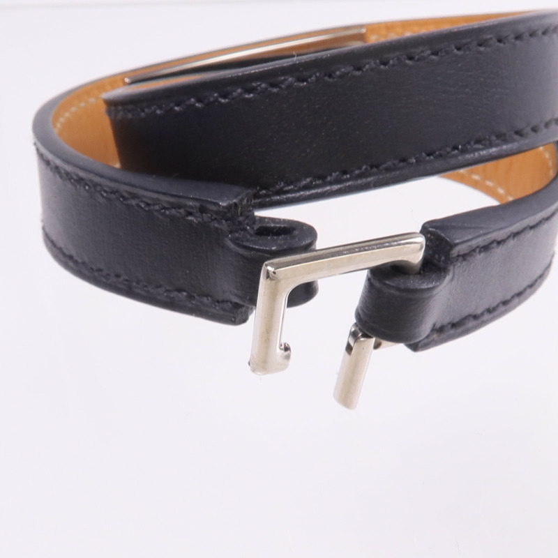 HERMES Chamonix皮革Rivale Double Tour Bracelet銀扣手帶Noir-5