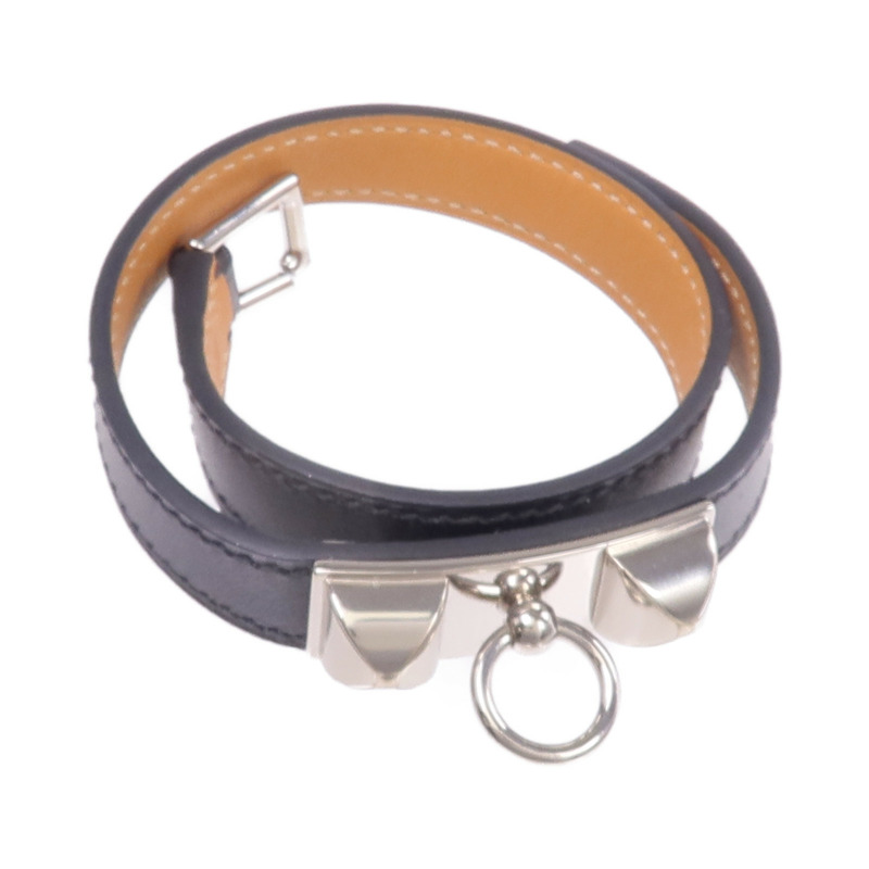 HERMES Chamonix皮革Rivale Double Tour Bracelet銀扣手帶Noir-6