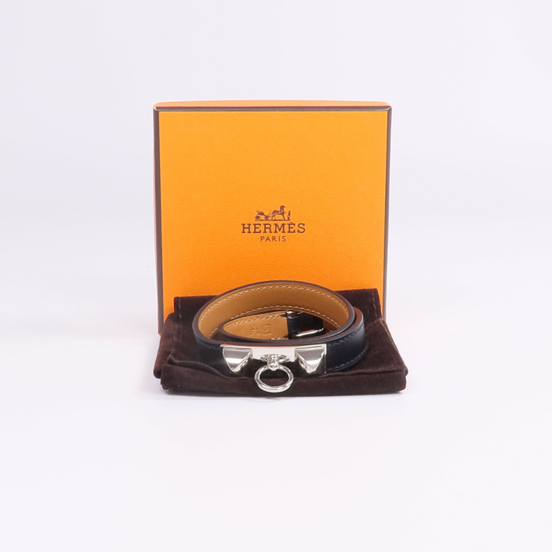 HERMES Chamonix皮革Rivale Double Tour Bracelet銀扣手帶Noir-10