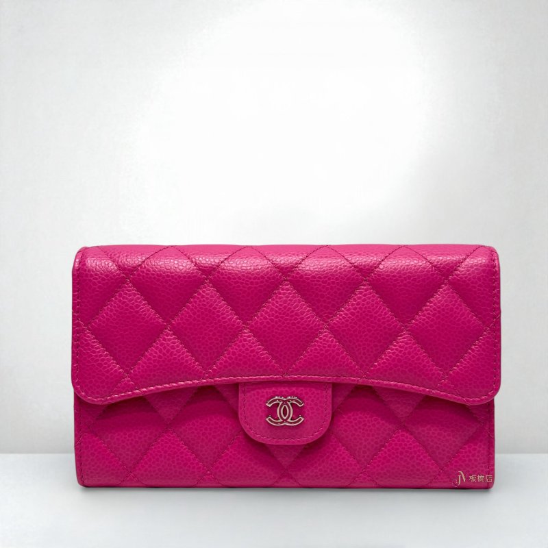 JS1240-CHANEL 桃紅色荔枝皮對開長夾A31506-0