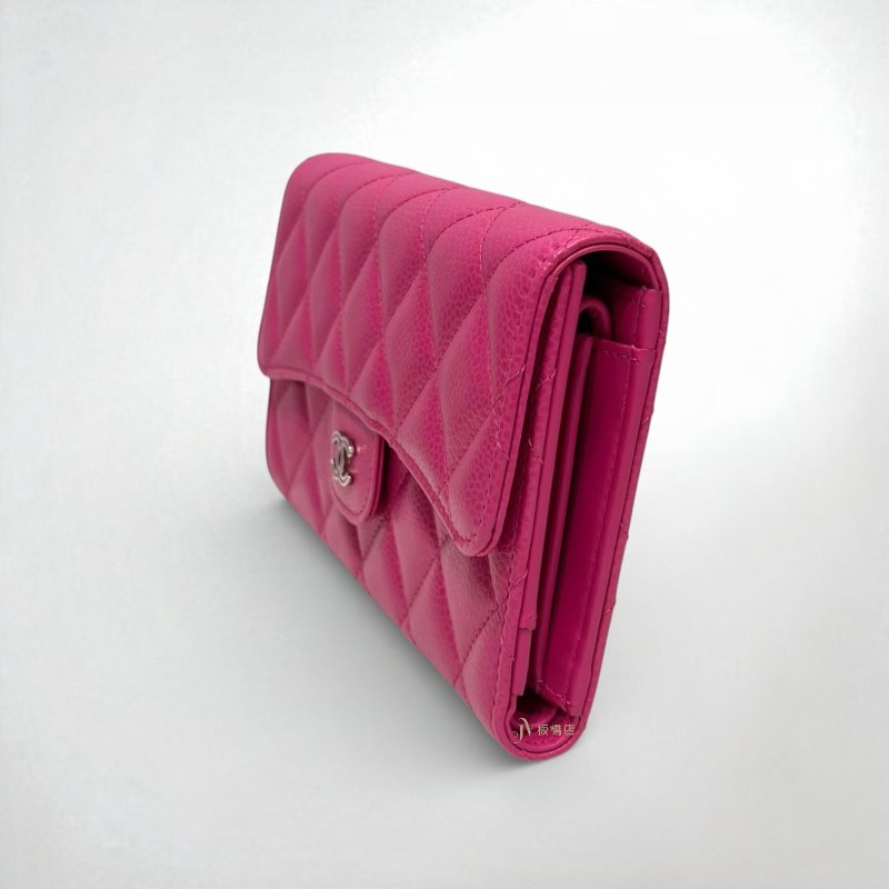 JS1240-CHANEL 桃紅色荔枝皮對開長夾A31506-3