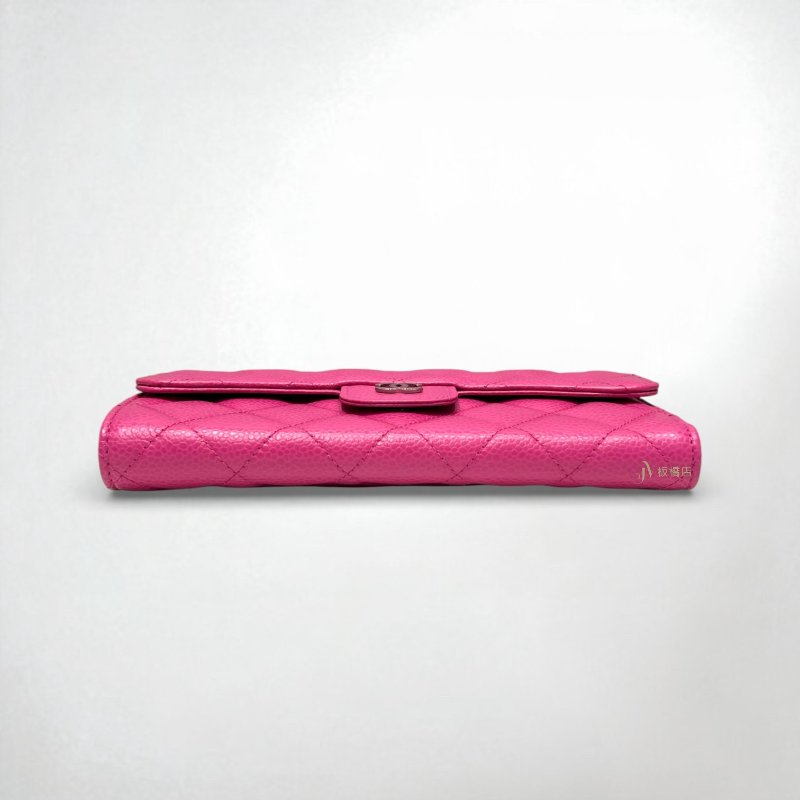 JS1240-CHANEL 桃紅色荔枝皮對開長夾A31506-4