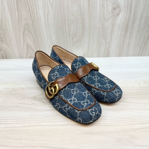 Gucci丹寧老花復古GG logo低跟鞋